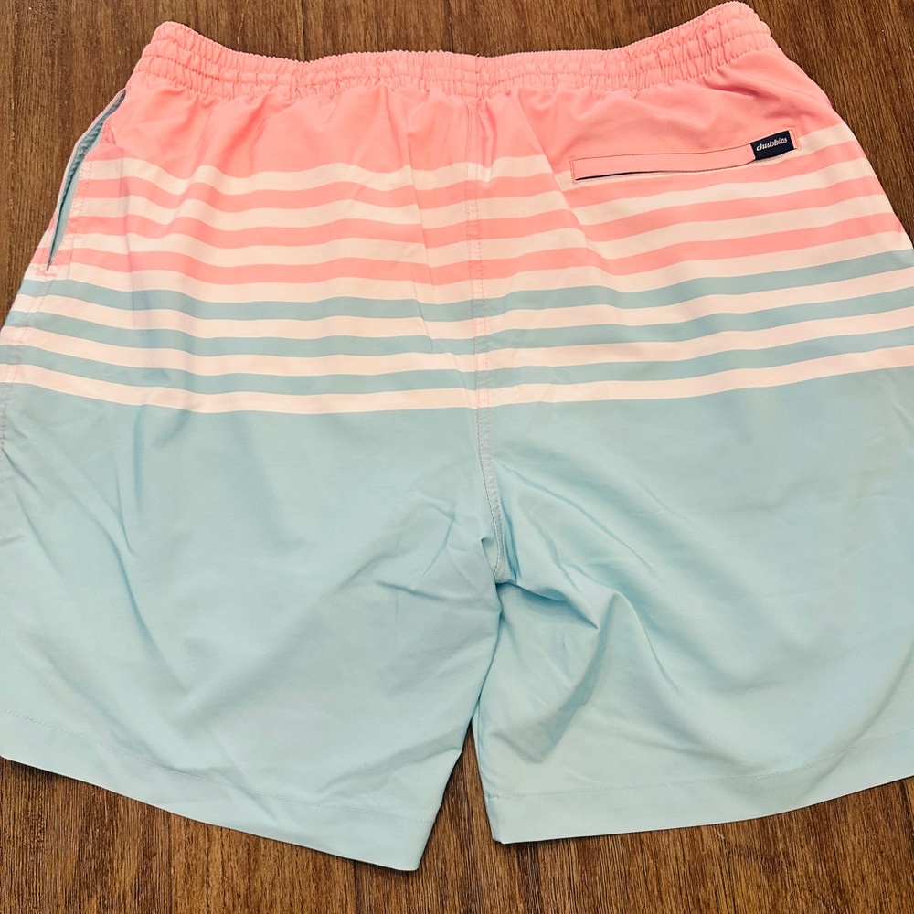 Chubbies Pink and Blue Striped Swim Trunks